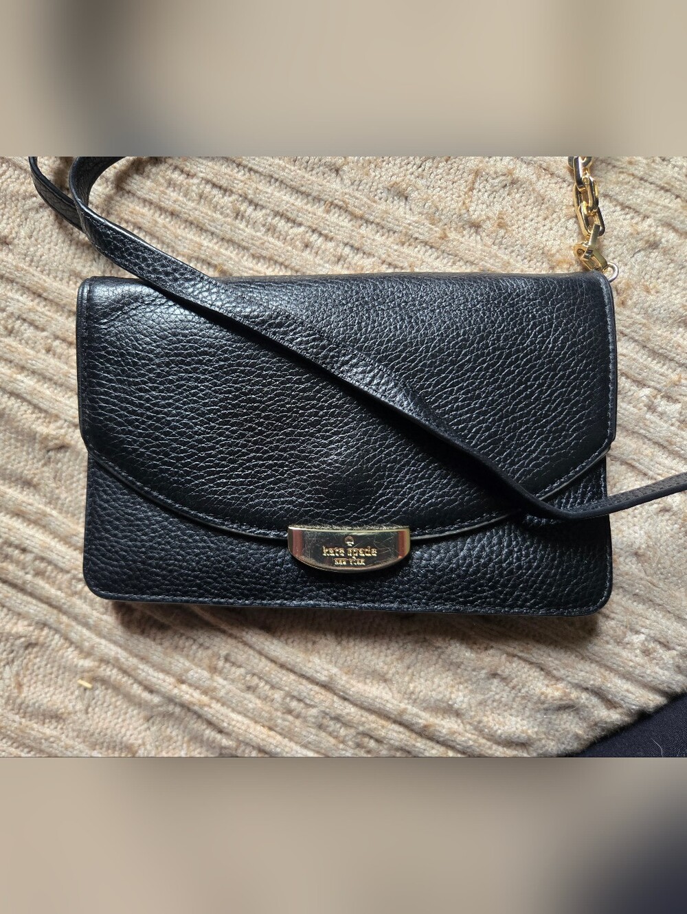 kate spade Black Leather Compact Crossbody Wallet with Gold Hardware